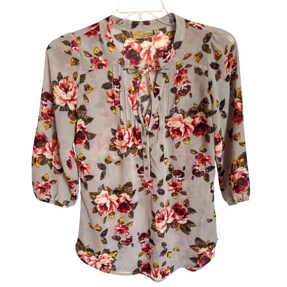 Princess Vera Wang Women Floral Button-Down Blouse Size M Gray/Red Pattern - Picture 1 of 7